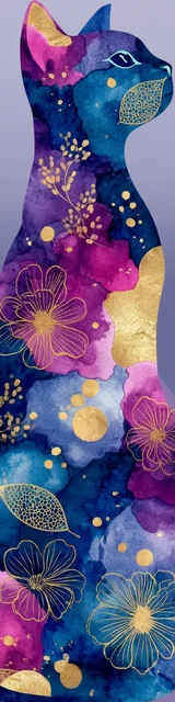 Cat bookmarks featuring a side profile of a blue overlay of flowers